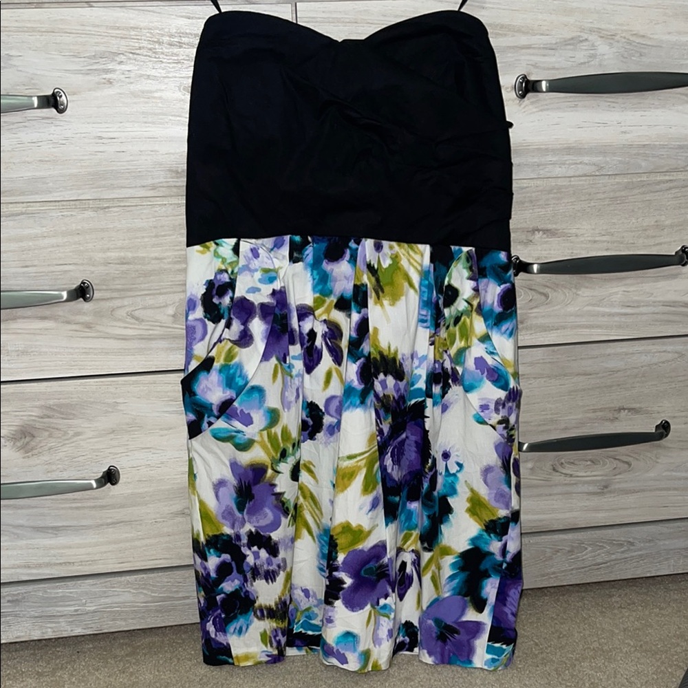 Iz Byer Black and Purple/ Blue Floral Strapless Sundress Cocktail